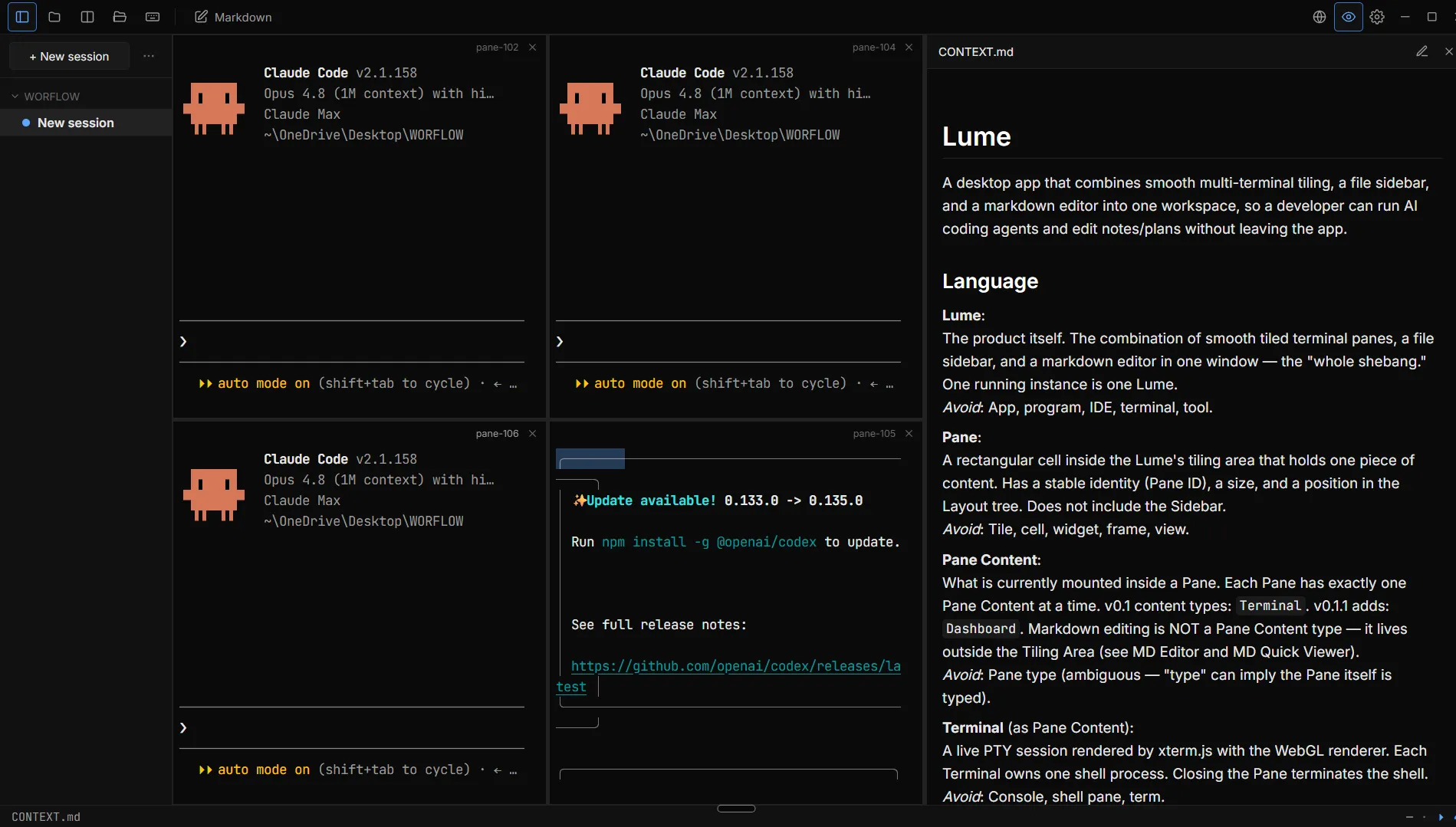 Lume showing CONTEXT.md rendered in the Quick Viewer drawer beside running Claude Code agent panes